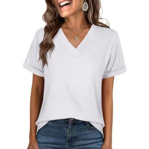 imageANRABESS Womens T Shirts Short Sleeve V Neck Shirts Summer Loose Fit Dressy Tops Business Casual Blouses 2025 Basic TeesWhite