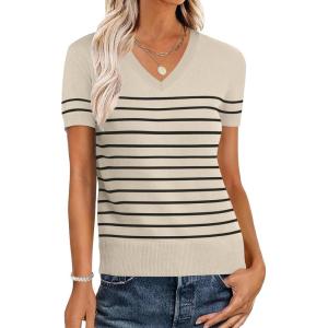 imageANRABESS Womens Wool Blend Tops Short Sleeve V Neck Soft Business Dressy Casual Pullover Sweater 2025 Trendy OutfitsBeige Black Stripe