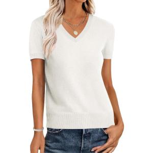 imageANRABESS Womens Wool Blend Tops Short Sleeve V Neck Soft Business Dressy Casual Pullover Sweater 2025 Trendy OutfitsBeige White