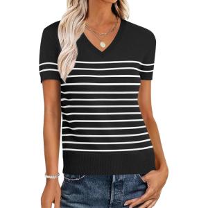 imageANRABESS Womens Wool Blend Tops Short Sleeve V Neck Soft Business Dressy Casual Pullover Sweater 2025 Trendy OutfitsBlack White Stripe