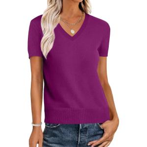 imageANRABESS Womens Wool Blend Tops Short Sleeve V Neck Soft Business Dressy Casual Pullover Sweater 2025 Trendy OutfitsDeep Hot Pink