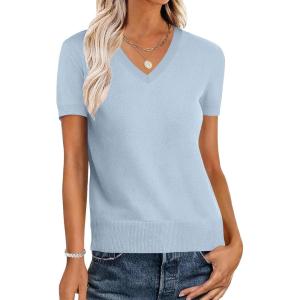 imageANRABESS Womens Wool Blend Tops Short Sleeve V Neck Soft Business Dressy Casual Pullover Sweater 2025 Trendy OutfitsLight Blue
