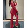 imageANRABESS Women 2 Piece Outfits Lightweight Lounge Sets Long Sleeve Cropped Top Foldover Flare Pants Pajamas Set Y2K ClothesPlain Red