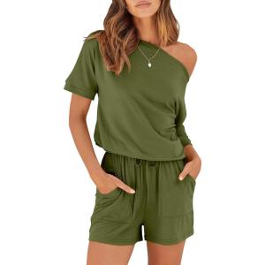 imageANRABESS Romper for Women Summer Casual Off Shoulder One Piece T Shirt Jumpsuits Vacation Beach OutfitsArmy Green