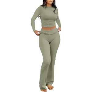 imageANRABESS Women 2 Piece Outfits Lightweight Lounge Sets Long Sleeve Cropped Top Foldover Flare Pants Pajamas Set Y2K ClothesArmy Green