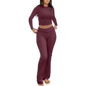 imageANRABESS Women 2 Piece Outfits Lightweight Lounge Sets Long Sleeve Cropped Top Foldover Flare Pants Pajamas Set Y2K ClothesBurgundy