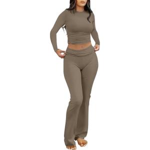 imageANRABESS Women 2 Piece Outfits Lightweight Lounge Sets Long Sleeve Cropped Top Foldover Flare Pants Pajamas Set Y2K ClothesCoffee