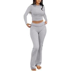 imageANRABESS Women 2 Piece Outfits Lightweight Lounge Sets Long Sleeve Cropped Top Foldover Flare Pants Pajamas Set Y2K ClothesGrey