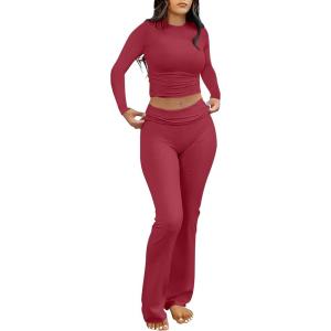 imageANRABESS Women 2 Piece Outfits Lightweight Lounge Sets Long Sleeve Cropped Top Foldover Flare Pants Pajamas Set Y2K ClothesPlain Red