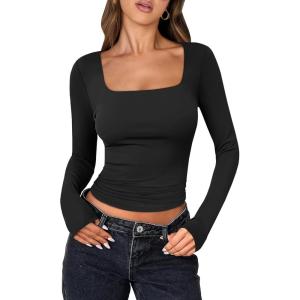 imageANRABESS Women Double Lined Long Sleeve Crop Tops Shirts Square Neck Tight Fitted Going Out TShirt Basic Tee Outfits 2025Black