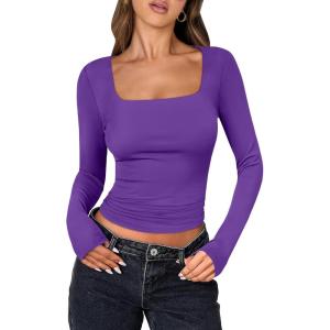 imageANRABESS Women Double Lined Long Sleeve Crop Tops Shirts Square Neck Tight Fitted Going Out TShirt Basic Tee Outfits 2025Bright Purple