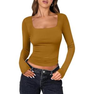 imageANRABESS Women Double Lined Long Sleeve Crop Tops Shirts Square Neck Tight Fitted Going Out TShirt Basic Tee Outfits 2025Caramel