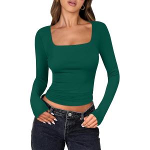 imageANRABESS Women Double Lined Long Sleeve Crop Tops Shirts Square Neck Tight Fitted Going Out TShirt Basic Tee Outfits 2025Forest Green