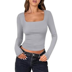 imageANRABESS Women Double Lined Long Sleeve Crop Tops Shirts Square Neck Tight Fitted Going Out TShirt Basic Tee Outfits 2025Grey