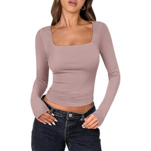 imageANRABESS Women Double Lined Long Sleeve Crop Tops Shirts Square Neck Tight Fitted Going Out TShirt Basic Tee Outfits 2025Grey Pink
