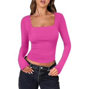 imageANRABESS Women Double Lined Long Sleeve Crop Tops Shirts Square Neck Tight Fitted Going Out TShirt Basic Tee Outfits 2025Hot Pink