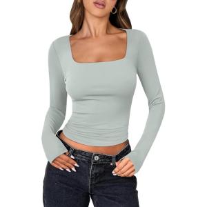 imageANRABESS Women Double Lined Long Sleeve Crop Tops Shirts Square Neck Tight Fitted Going Out TShirt Basic Tee Outfits 2025Light Green
