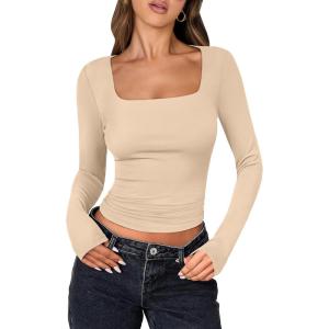 imageANRABESS Women Double Lined Long Sleeve Crop Tops Shirts Square Neck Tight Fitted Going Out TShirt Basic Tee Outfits 2025Light Khaiki