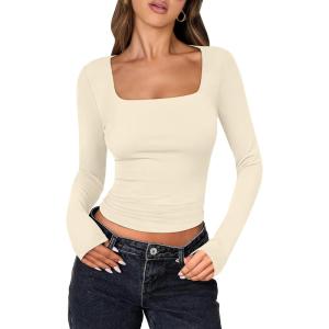 imageANRABESS Women Double Lined Long Sleeve Crop Tops Shirts Square Neck Tight Fitted Going Out TShirt Basic Tee Outfits 2025Parchment Apricot