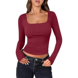 imageANRABESS Women Double Lined Long Sleeve Crop Tops Shirts Square Neck Tight Fitted Going Out TShirt Basic Tee Outfits 2025Red