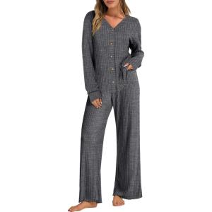 imageANRABESS Womens 2 Piece Lounge Pajama Sets Ribbed Long Sleeve Button Top Matching Pants Sleepwear PJ Set 2025 Fall OutfitsDeep Grey