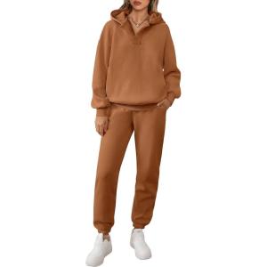 imageANRABESS Womens 2 Piece Outfits Lounge Hoodie Oversized Sweatshirt V Neck Pullover Jogger Sweatpants 2025 Fall Matching SetCaramel