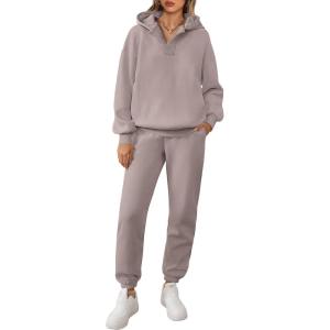 imageANRABESS Womens 2 Piece Outfits Lounge Hoodie Oversized Sweatshirt V Neck Pullover Jogger Sweatpants 2025 Fall Matching SetLight Khaki