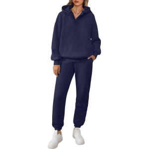 imageANRABESS Womens 2 Piece Outfits Lounge Hoodie Oversized Sweatshirt V Neck Pullover Jogger Sweatpants 2025 Fall Matching SetNavy Blue