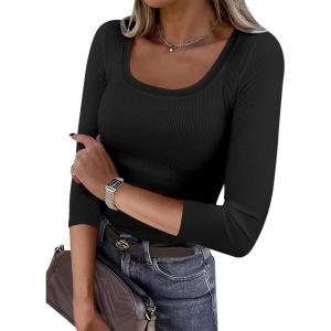 imageANRABESS Womens 34 Sleeve Scoop Neck Tops Ribbed Knit Slim Fitted Casual Basic Tee Shirts 2025 Fall Trendy Going Out TShirtBlack