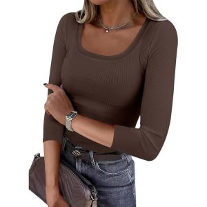 imageANRABESS Womens 34 Sleeve Scoop Neck Tops Ribbed Knit Slim Fitted Casual Basic Tee Shirts 2025 Fall Trendy Going Out TShirtCoffee