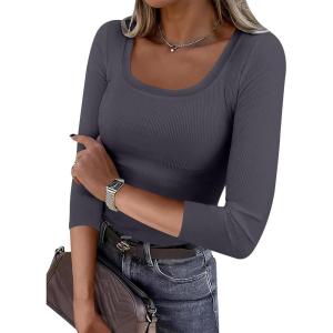 imageANRABESS Womens 34 Sleeve Scoop Neck Tops Ribbed Knit Slim Fitted Casual Basic Tee Shirts 2025 Fall Trendy Going Out TShirtDeep Grey