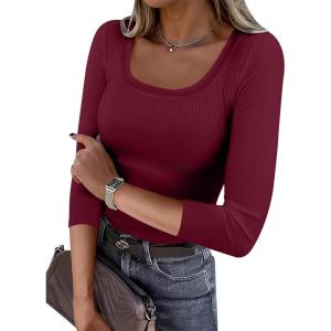 imageANRABESS Womens 34 Sleeve Scoop Neck Tops Ribbed Knit Slim Fitted Casual Basic Tee Shirts 2025 Fall Trendy Going Out TShirtDeep Red