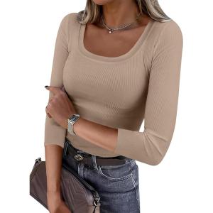 imageANRABESS Womens 34 Sleeve Scoop Neck Tops Ribbed Knit Slim Fitted Casual Basic Tee Shirts 2025 Fall Trendy Going Out TShirtKhaki