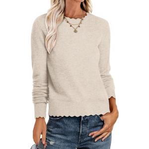 imageANRABESS Womens Long Sleeve Sweaters Loose Fit Lightweight Scalloped Knit Soft Dressy Pullover Tops 2025 Fall Casual OutfitsAlmond