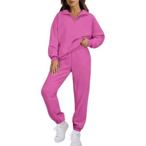 imageANRABESS Women 2 Piece Outfits Sweatsuit Oversized Half Zip Sweatshirt Jogger Sweatpants Tracksuit Lounge Set 2025 ClothesHot Pink