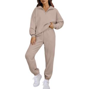 imageANRABESS Women 2 Piece Outfits Sweatsuit Oversized Half Zip Sweatshirt Jogger Sweatpants Tracksuit Lounge Set 2025 ClothesLight Khaki