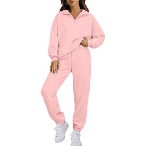 imageANRABESS Women 2 Piece Outfits Sweatsuit Oversized Half Zip Sweatshirt Jogger Sweatpants Tracksuit Lounge Set 2025 ClothesLight Pink