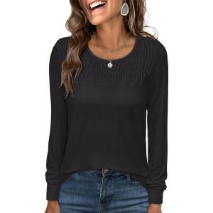 imageANRABESS Women Shirts Long Sleeve Crewneck Smocked Tunic Tops with Leggings Dressy Casual TShirt Business Work BlousesBlack