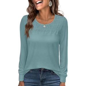 imageANRABESS Women Shirts Long Sleeve Crewneck Smocked Tunic Tops with Leggings Dressy Casual TShirt Business Work BlousesCadet Blue