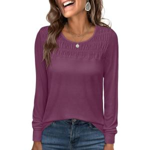 imageANRABESS Women Shirts Long Sleeve Crewneck Smocked Tunic Tops with Leggings Dressy Casual TShirt Business Work BlousesFuchsia