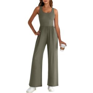 imageANRABESS Jumpsuits for Women Dressy Casual Summer Sleeveless Rib Knit Wide Leg Jumper Romper One Piece Outfits with PocketsArmy Green