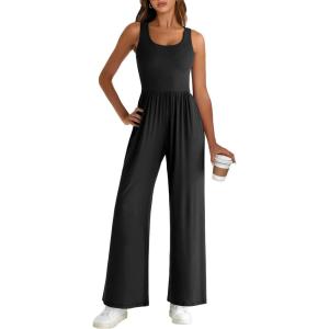 imageANRABESS Jumpsuits for Women Dressy Casual Summer Sleeveless Rib Knit Wide Leg Jumper Romper One Piece Outfits with PocketsBlack