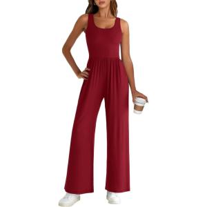 imageANRABESS Jumpsuits for Women Dressy Casual Summer Sleeveless Rib Knit Wide Leg Jumper Romper One Piece Outfits with PocketsBurgundy