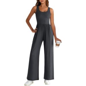imageANRABESS Jumpsuits for Women Dressy Casual Summer Sleeveless Rib Knit Wide Leg Jumper Romper One Piece Outfits with PocketsDark Grey