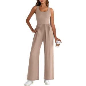 imageANRABESS Jumpsuits for Women Dressy Casual Summer Sleeveless Rib Knit Wide Leg Jumper Romper One Piece Outfits with PocketsKhaki