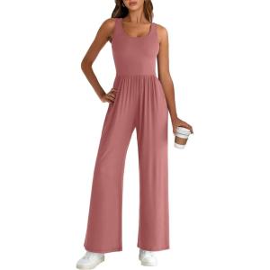 imageANRABESS Jumpsuits for Women Dressy Casual Summer Sleeveless Rib Knit Wide Leg Jumper Romper One Piece Outfits with PocketsRust