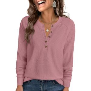 imageANRABESS Womens Long Sleeve Waffle Knit Shirts Dressy Casual Loose Button Up V Neck Henley Tops 2025 Fall Basic Tee BlousePink