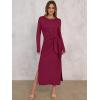 imageANRABESS Womens 2025 Fall Long Sleeve Maxi Dress Crewneck Tie Waist Slit Casual Work Long T Shirt Dresses Trendy OutfitsBurgundy