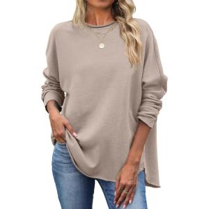 imageANRABESS 2025 Fall Fashion Sweatshirt for Women Raw Edges Long Sleeve Shirts Crewneck Loose Fit Curve Hem Pullover TopsKhaki