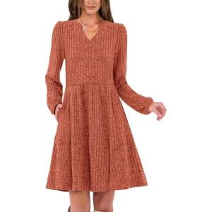 imageANRABESS Long Sleeve Dress for Women Fall Fashion Outfits 2025 Casual V Neck Ribbed Knit Short Sweater Dresses with PocketsBurnt Orange